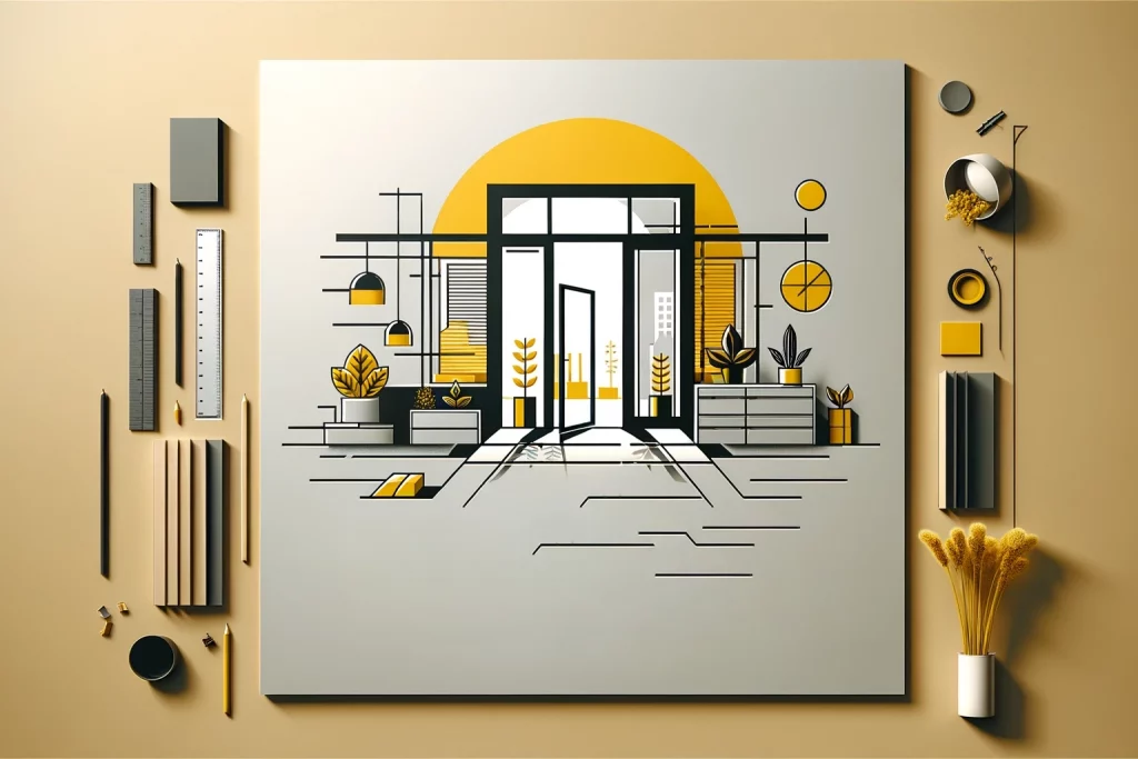 Illustration eines Designbüros in warmen Gelbtönen. Neben der Illustration sind linaele und Stifte zu sehen.